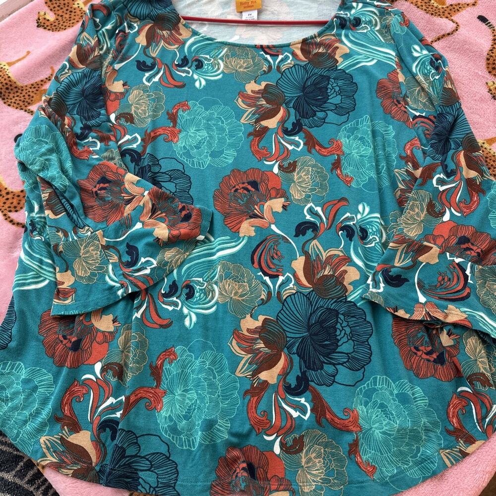 Women’s Ruby Red Plus 2XL Teal Flower Shirt Boho Loose Fit - Picture 3 of 9